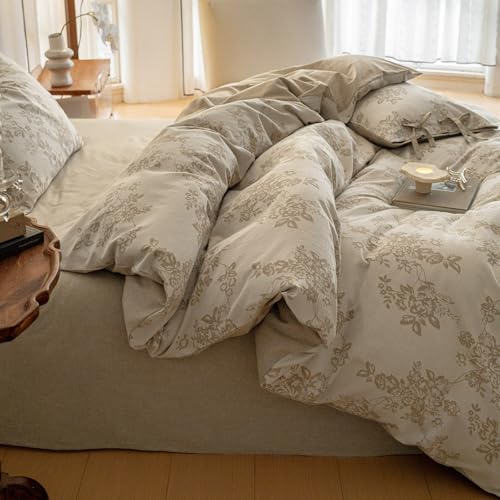 VM VOUGEMARKET Garden Floral Duvet Cover Queen,3 Pcs Yarn-Dyed Jacquard Textured Duvet Cover with Bowknot Retro Monet Style Bedding Set-90"x90",Khaki