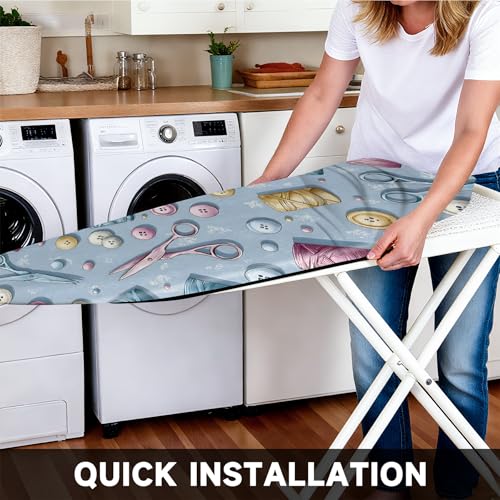 Image of Quick Install Ironing Board Cover 15 inch x 54 inch Ironing Board Cover with Nose Strap Pocket and Elastic Sides Anti-Slip and Heat-Resistant Stylish Home Ironing Board