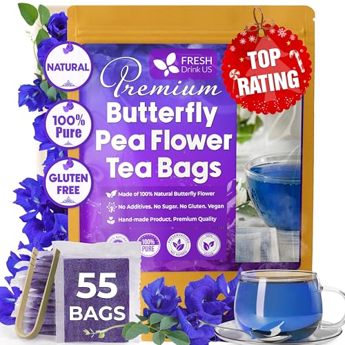 Image of FreshDrinkUS, Premium 55 Blue Butterfly Pea Flowers Tea Bags, 100% Natural and Pure from Butterfly Pea Flowers, Made With Natural Material Tea Bag, No Sugar, No Caffeine, No Gluten, Vegan