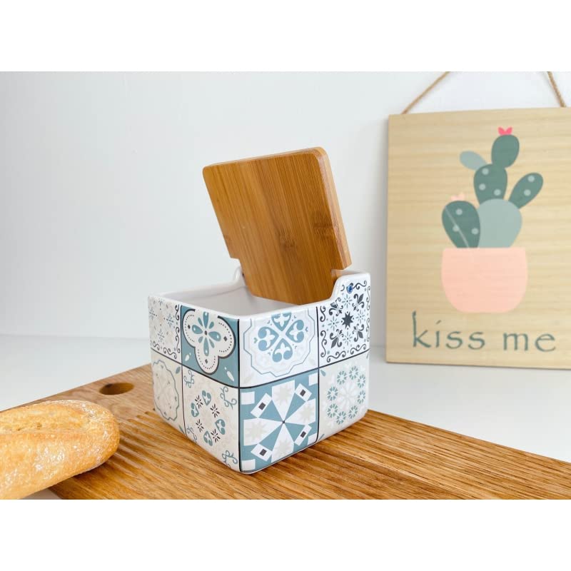 D,casa Salero de Cocina de Cerámica con Tapa de Madera Diseños Originales Mosaico Bicolor - Color Mint