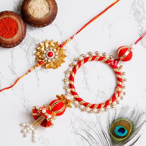 Image of eCraftIndia Red, Blue & Golden Designer Peacock Rakhi with Roli Chawal Pack - Rakhi for Brother