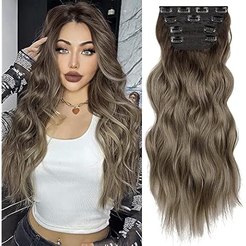 OMGREAT Clip In Extensions 4Pcs 20Inch Hair Extensions with Clips, Synthetic Wavy Hair Extensions, Clip-In Hairpiece, Ombre Brown to Ash Blonde# Cover