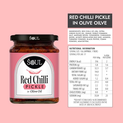Image of ADF Soul Spicy red chilli pickle made in 100% Olive Oil | Hot, hearty and handcrafted | 265g