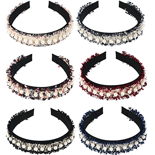 6 Pieces Padded Headbands for Women Faux Pearls Velvet Padded Headband Beaded Headbands with Pearls Colorful Pearl Headbands Elastic Hair Bands Wide Edge Bejewelled Headpieces for Women Girl, 6 Colors
