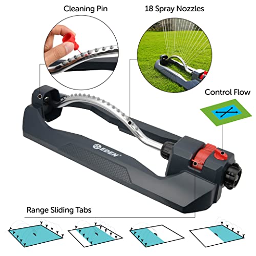 Image of Eden 94106 Turbo Oscillating Sprinkler, Covers Up to 4,000 sq. ft., 18 Precision Nozzles, Weighted Base, Adjustable Range, Flow Control Knob, Quick Connect Bundle, Black, Silver, Red