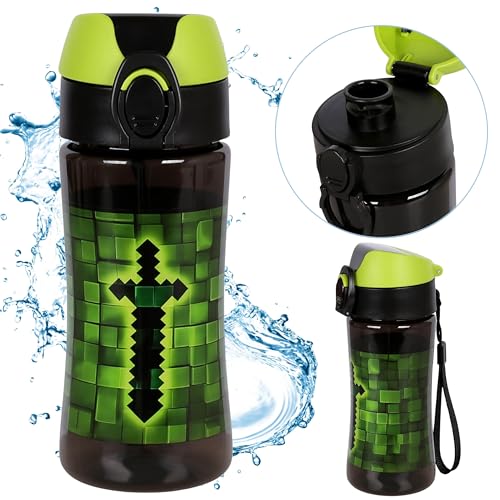 sarcia.eu PIXEL WASSERFLASCHE mit Mundstück FÜR Spieler GAMER, SCHULFLASCHE AUS TRITAN für Jungen 450ml (Schwarz Pixel)