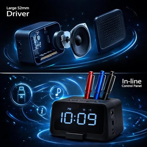 Image of JASIFS Digtial Alarm Clock with Heavy Speaker Radio Pen and Mobile Holder | 5.4 Hi FI Stereo Sound Speaker with Dual Alarm | USB-C | Ideal for Students, Home, Office,Home Decor, Corporate Use
