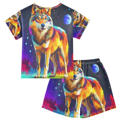 ALAZA Funny Wolf Moon Pajamas Set Short Sleeve Cotton Sleepwear Summer Pjs 2 Piece 5-14Y2