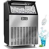 Antarctic Star Commercial Ice Maker,200LBS/24H, Automatic Stainless Steel Machine with LCD Panel,Freestanding with 48 Pounds Storage Capacity, Party/Bar/Restaurant Scoop Connection Hose Silver