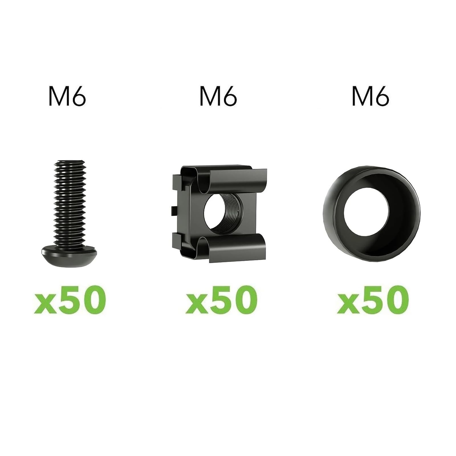 50 PACK M6 X 16mm Rack Mount Cage Nuts, Screws And Washers For Server Cabinet, Shelves, Routers(Black)