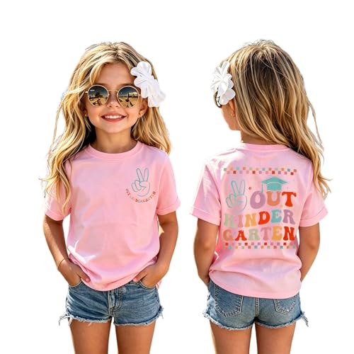 BOUTIKOME Kindergarten Graduation Shirt for Girls Peace Out Kindergarten T-Shirt Kid Last Day of School Short Sleeve Tee Tops (Pink 7 Years)