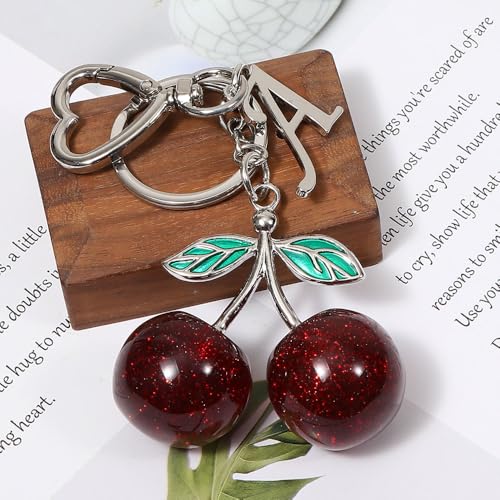 Heart-Shaped Keychain with Initial A-Z and Cherry Charm Bag Charms for Women,Car Accessories