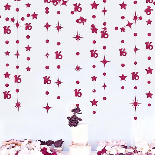 Image of Burgundy 16th Birthday Decorations Number 16 Circle Dot Star Garland Glitter Streamer Banner Backdrop for Girls Boys Sweet Sixteen Cheers to 16 Years Old Birthday 16th Anniversary Party Supplies