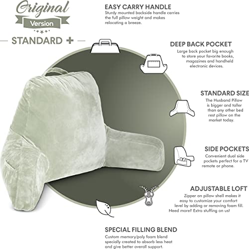Image of Husband Pillow Reading Pillow with Arms - Standard Backrest for Sitting Up in Bed - Firm Support Bed Rest Pillow for Adults, Neck Roll, Removable Cover -TV, Reading, Lounging - Desert Sage
