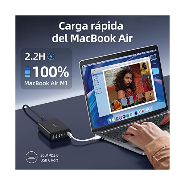 Rocoren Cargador USB C Multiple 100W, PD3.0 QC4.0 PPS Carga Rapida, 6 Puertos Carga Rápida - Imagen 5