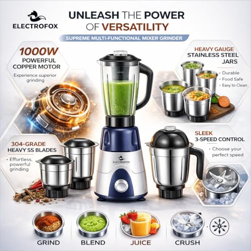Image of Electrofox Hilux Powerful Heavy Duty Motor 1000 W Juicer Mixer Grinder For Juicing, Mixing and Blending (Hilux 1000W | 4 Jars | Navy White) 6 Year Warranty