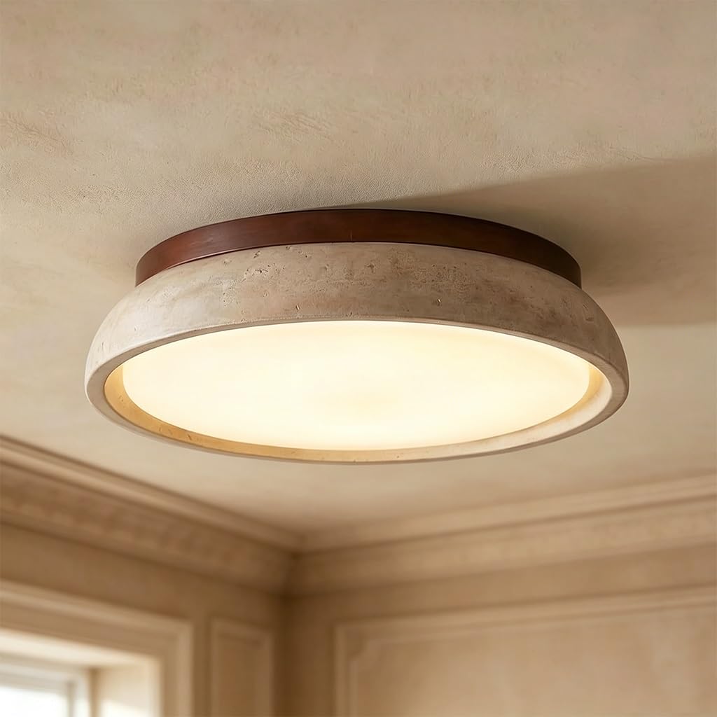 Dimmbare LED-Deckenleuchte Modern, Deckenlampe Aus Gelbem Travertin Naturstein & Massivholz, Inneneinrichtung Beleuchtung Im Vintage Wabi-Sabi Stil Für Schlafzimmer, Wohnzimmer, Esszimmer(55cm)