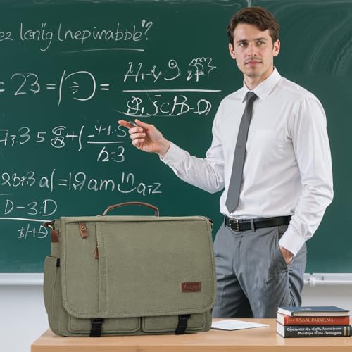 Image of ESTARER Messenger Bag 17.3 Inch, Mens Computer Bag Water-resistant Canvas, Laptop Bag Satchel Briefcase for Teacher /College /Work /Travel, Army Green