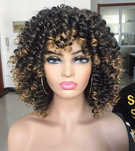 ANNIVIA Ombre Light Blonde Short Curly Wig for Black Women with Bangs Big Bouncy Fluffy Kinky Curly Wig Soft Synthetic Short Curly Afro Wig