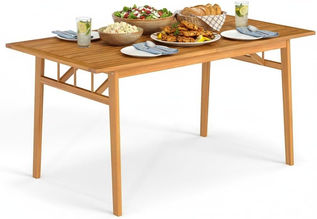 Tangkula 63-Inch Acacia Wood Outdoor Dining Table for 6, Large Rectangular Patio Dining Table with 1.97" Umbrella Hole, 6-Person Indoor Outdoor Table for Kitchen Deck Garden Backyard