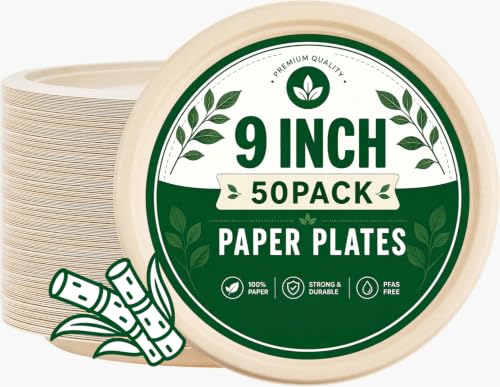 Image of 9 Inch Disposable Paper Plates 50 Pack, Heavy Duty Bagasse Plate