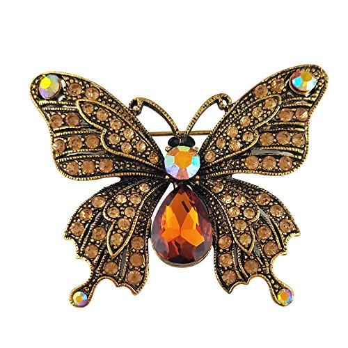 SELOVO Butterfly Brooch Pin Brown Austrian Crystal Antique Gold Tone¡¢