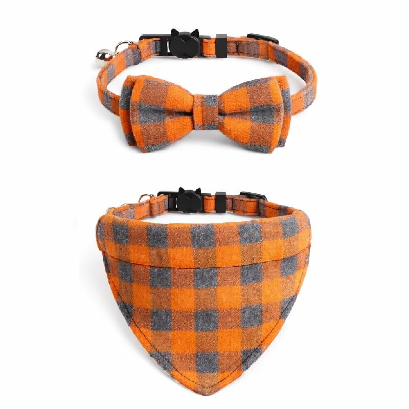 Bowtie Cat Collars with Bell | Safe Quick Release Breakaway Buckle | ZACAL Cat Collars (Orange & Grey Chequered Bandana + Bowtie)
