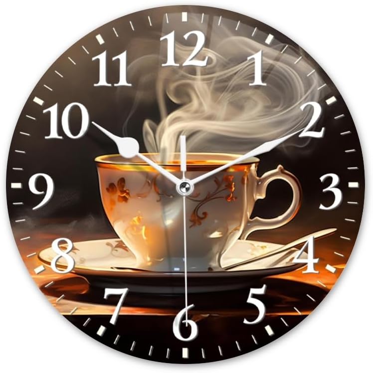Reloj de pared de café silencioso sin tictac, funciona con pilas, reloj de decoración analógica para taza de café en la mesa (10 pulgadas)