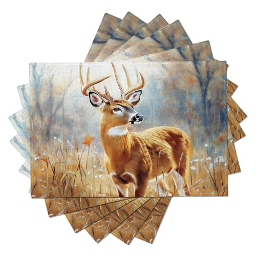 Juego de 64 Manteles IndividualesVenado De Cola Blanca, Naturaleza Campo, Marrón, 30 x 45 cm, para Vacaciones, Banquetes, Lavables, para Banquetes, Cocina, Fiestas, Decoración