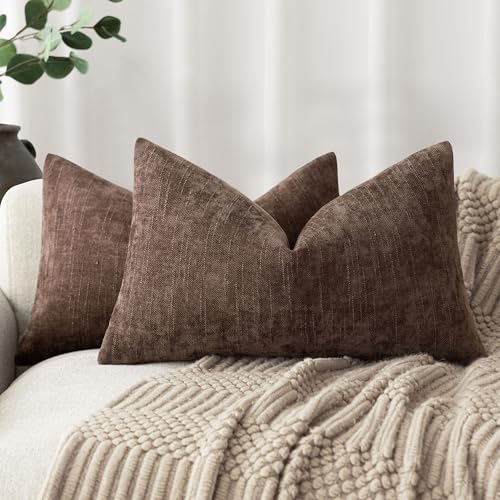 Image of Foindtower Pack of 2 Textured Chenille Throw Decorative Pillow Covers Square Accent Solid Cushion Cover Neutral Farmhouse Lumbar Pillow Case for Couch Sofa Bedroom Living Room 12x24 Inch,Red Brown