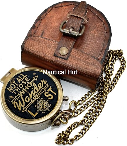 Brújula de latón grabada con estuche de cuero y cadena miniatura 4