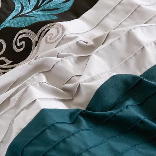 Chezmoi Collection Napa 7-Piece Luxury Leaves Scroll Embroidery Bedding Comforter Set (King, Teal/Black/Gray)