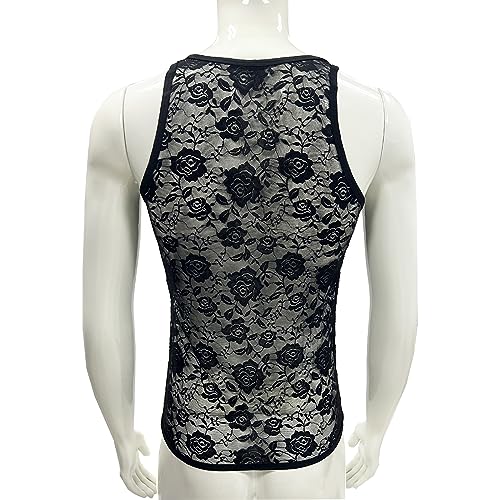 Men's Floral Lace Fitted Muscle Tank Tops Mesh Transparent Workout Vest Tshirt Underwear4