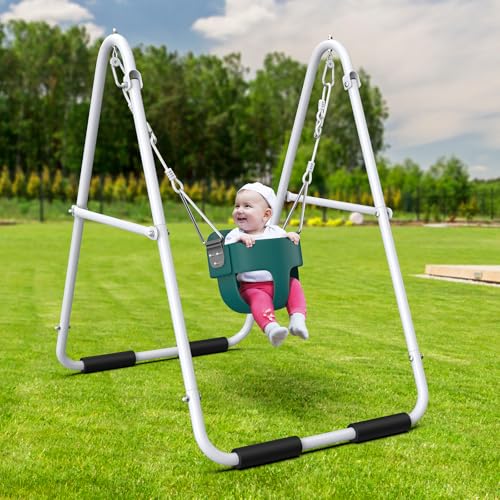 Hapfan Foldable Toddler Swing Set with Heavy Duty Metal Stand, Baby Swing Portable for Outdoor Indoor with Bucket Seat, Easy to Assemble