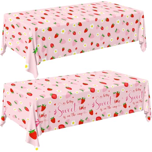 Pymurod 2Pcs Strawberry Baby Shower Tablecloths Disposable Plastic Rectangle Strawberry Table Cloth Berry Sweet Baby Table Cover for Baby Shower Party Decorations