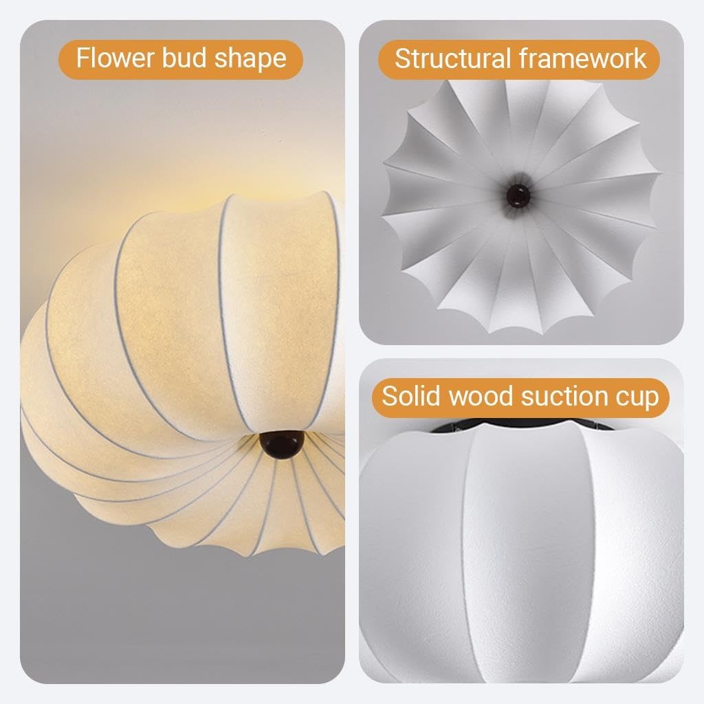 Lámpara De Techo WABI Sabi Japandi Suave Forma De Calabaza Plafón De Seda Artificial Premium Pantalla De Tela Cosida A Mano Exquisita Iluminación De Techo para Dormitorio Sala Comedor(40cm)