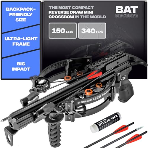 BALLISTA BAT Reverse Draw Compound Mini Crossbow - Crossbow for Hunting, Fishing and Target - Fast 340 fps, Powerful 150lbs, Lightweight 3lbs