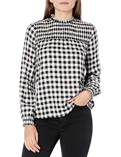 Amazon Brand - Goodthreads Women's Relaxed Fit Fluid Yarn-Dye Twill Long Sleeve Smocked Yoke Crewneck Woven Shirt, Black-Off White Buffalo Plaid, X-Large