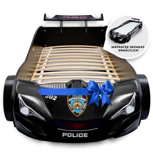 MARQA Kinderbett |Bodenbett | Kinderbett 90x200 |Autobett Rennwagenbett |Polizeiautobett inkl.Rollrost (ohne Matratze, Schwarz babybett)
