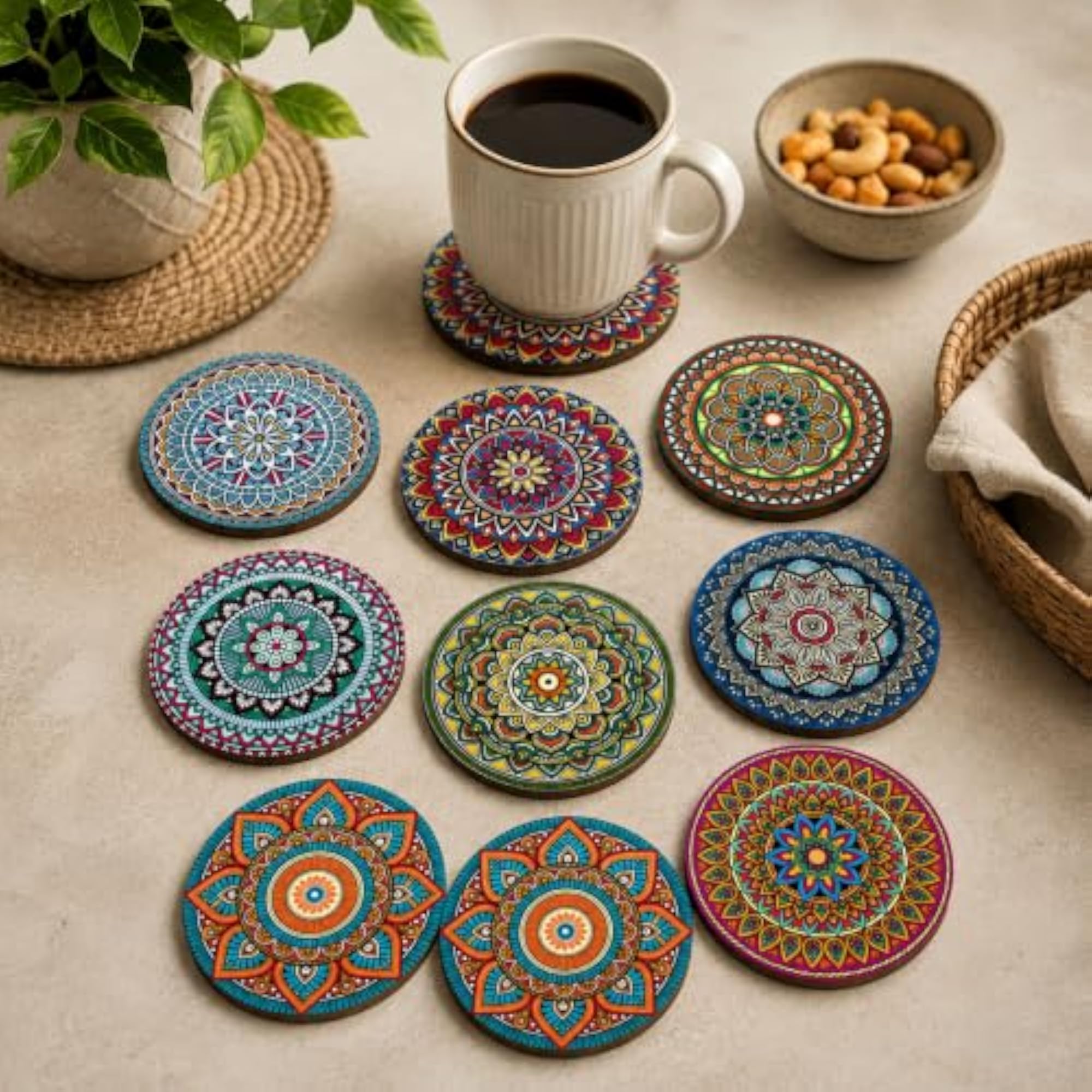 Mandala Wooden Tea Coasters Set of 9