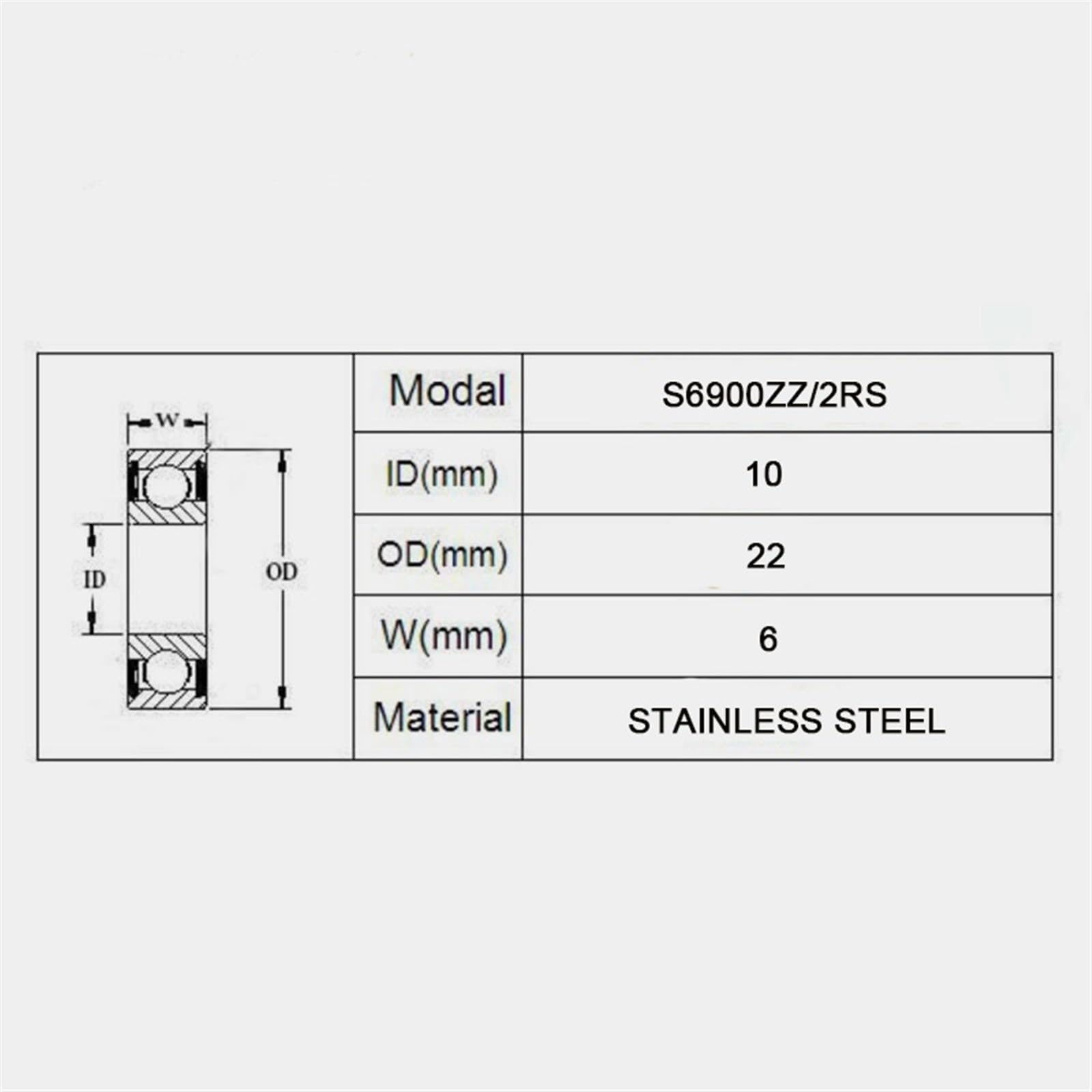 Rodamientos de Bolas Ranura Profunda Acero Inoxidable S6900ZZ 2RS, 10 x 22 6 mm, 440C, Resistentes a la corrosión(20pcs)