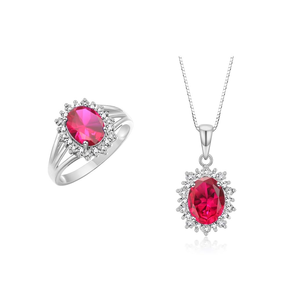 Rylos Women's Sterling Silver Princess Diana Ring &amp; Pendant Set. Gemstone &amp; Diamonds, 9X7MM Birthstone. Matching Friendship Jewelry, Sizes 5-10.