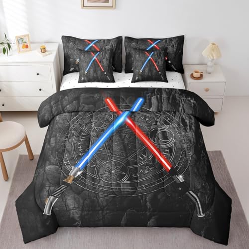Lightsaber 7Pcs Comforter Set Twin Size 3D Neon Blue Red Bedding Set Geometric Sun Moon Round Fitted + Flat Sheet Kids Boys Girls Teens Room Decor Fashion Vintage Stone Wall 2 Pillow Cover,Black