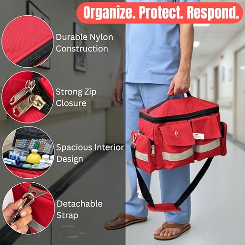 Image of PAHAL Large First Aid Medical Kit Bag 18 Inch Red | Heavy Duty Waterproof Emergency Doctor Bag with 10 Pockets & 3 Compartments | Medicine Instrument Storage for Hospital, Clinic, Home, Industrial Use