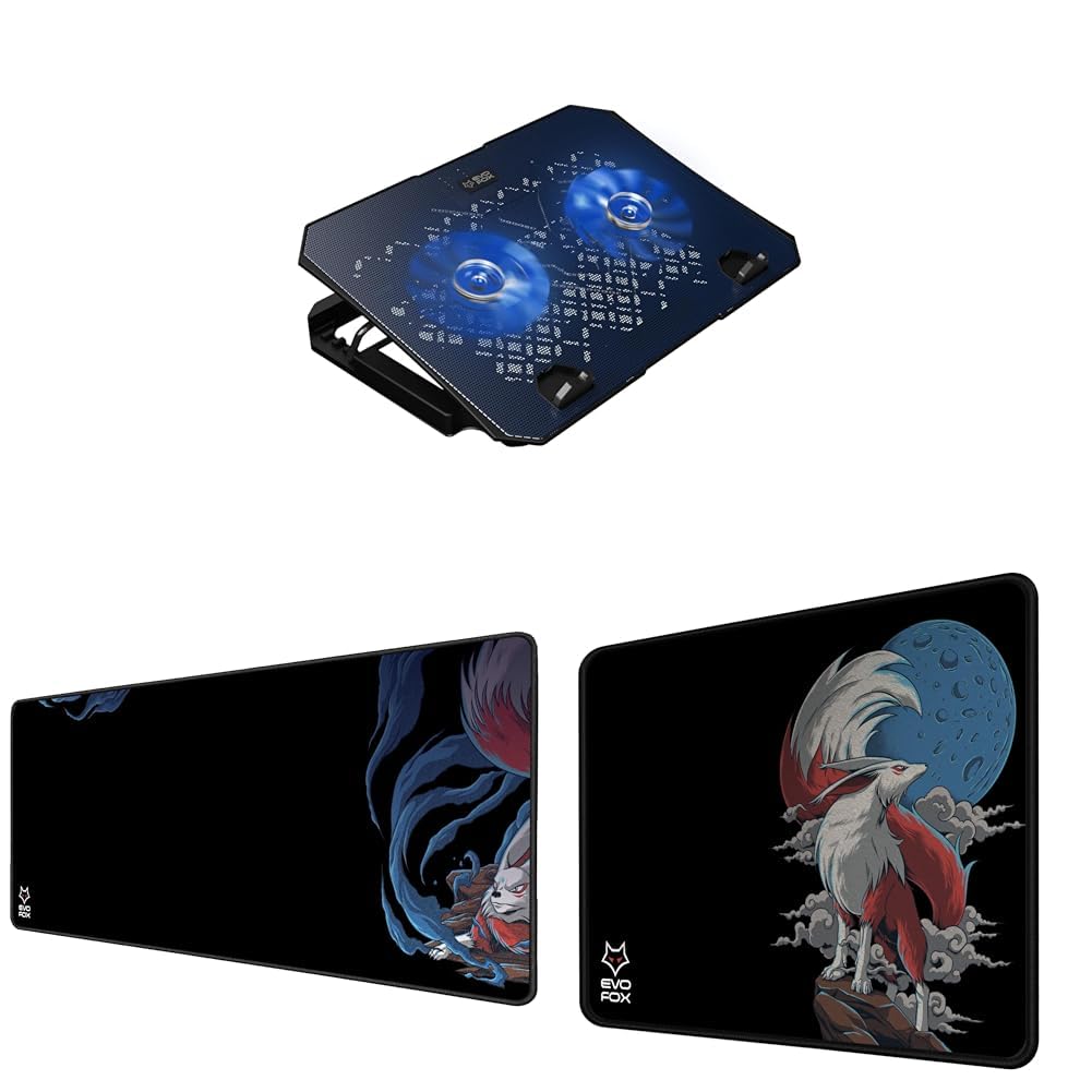 EvoFox Frost Laptop Cooling Pad with 125mm Silent Fans (Blue) & EvoFox Falcon X85 Extended Mouse Pad/Desk Pad for Laptop, XXL [850mm x 300mm] &…