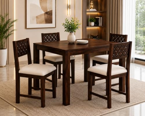 Image of Sheesham Wood 4 Seater Dining Table Set for Living Room Walnut Finish Solid Wood Dining Table Set with 4 Chairs Furniture for Home