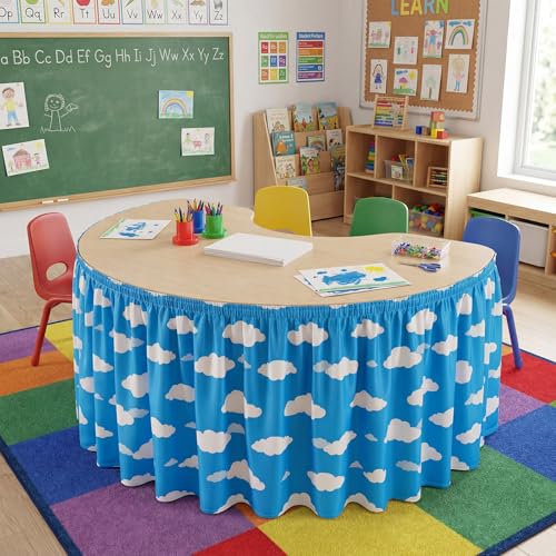 Image of Oudain 9 ft Blue Sky White Clouds Table Skirt Cloths for Teacher Desk Cartoon Wrinkle Blue Sky White Clouds Table Cover Skirt for Kindergarten Classroom Kidney Shaped Desk Back to School Supplies