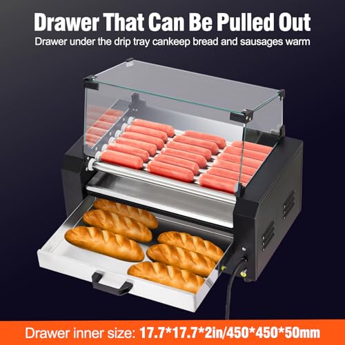 Electric Hot Dog Roller, 7 Rollers Hot Dog Machine, 18 Hot Dogs Capacity, Grill Warmer With Independent Temperature Control, Detachable Glass Hood Cover & Oil Drip Tray, 5-8 Min Quick Cooking