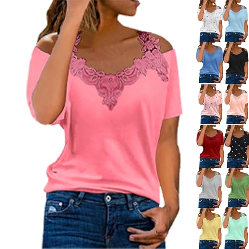 Summer Cold Shoulder Tops for Women Lace Short Sleeve V Neck Blouses Loose Casual Graphic Tee Shirts Pullover