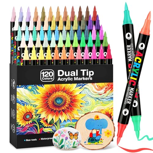 120 Colors Acrylic Paint Markers, Dual Tip Acrylic Paint Pens wit...